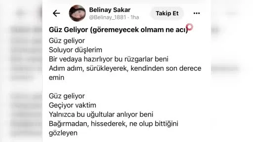 Hayatını kaybeden Belinay’dan geriye bu satırlar kaldı