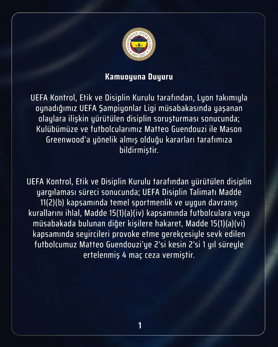 Fenerbahçe’den UEFA kararına dair açıklama