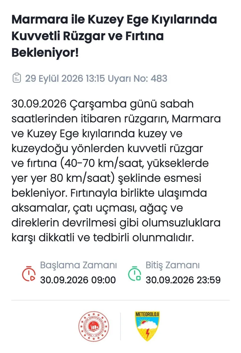 Meteoroloji açıkladı: Marmara ve Kuzey Ege’de fırtına bekleniyor