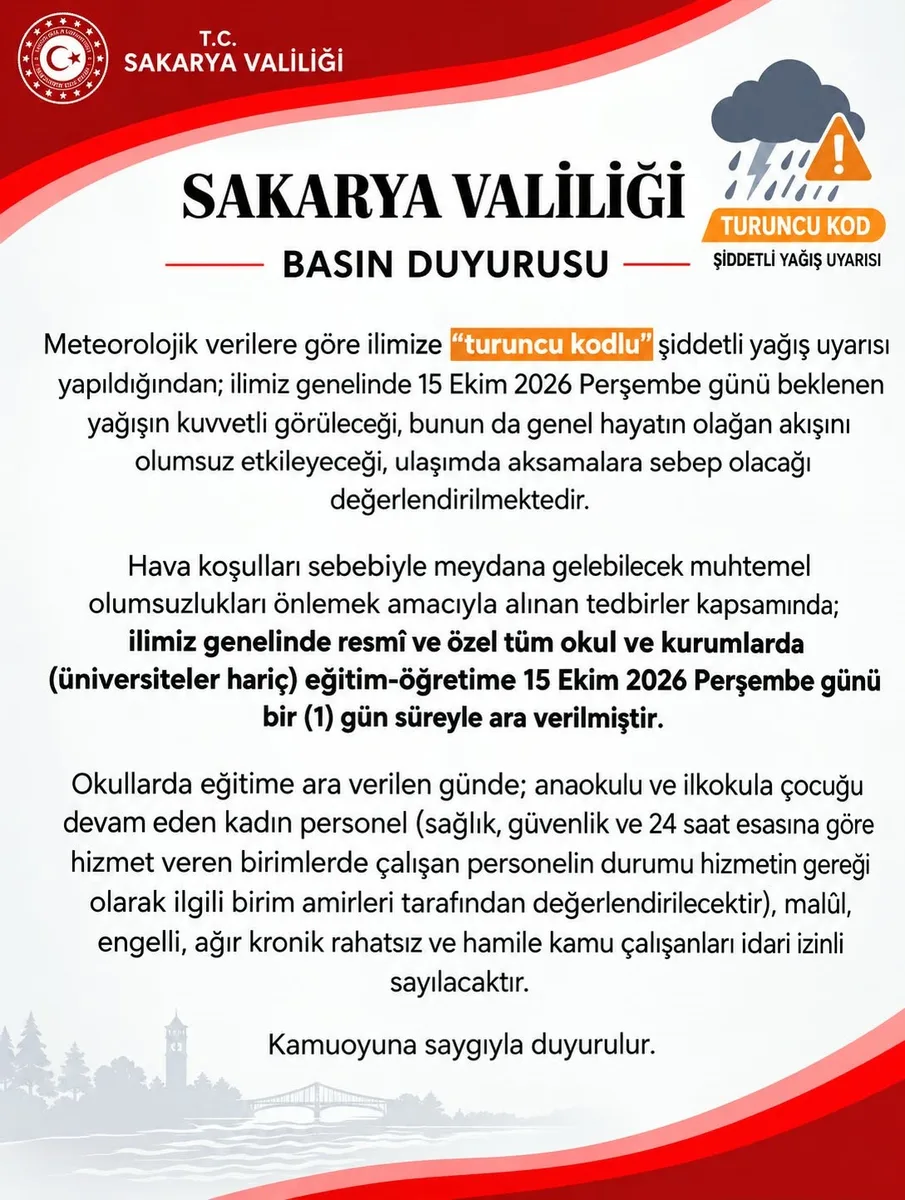 Sakarya’da okullar 1 gün tatil edildi